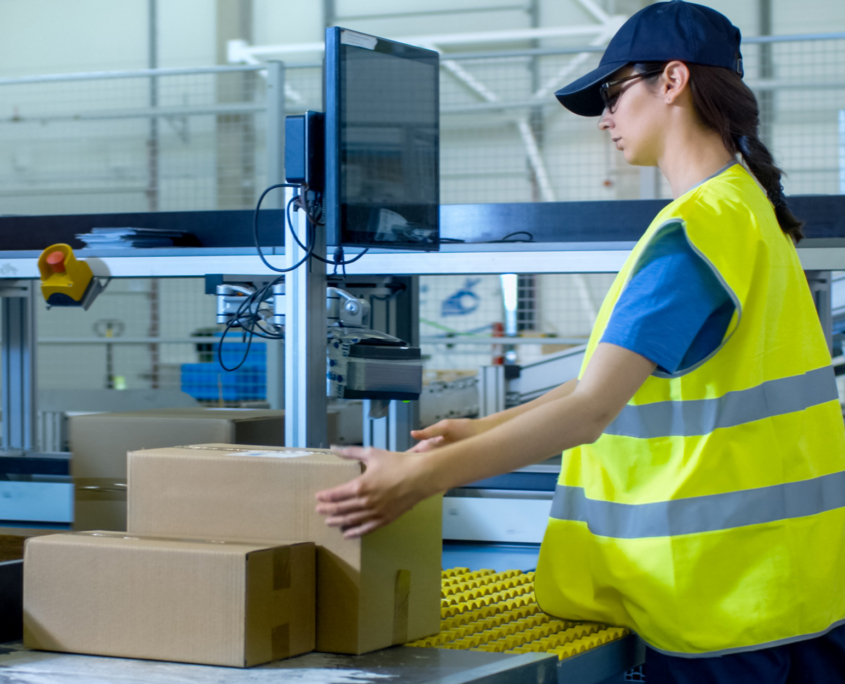 Person Inspecting Box On Conveyor